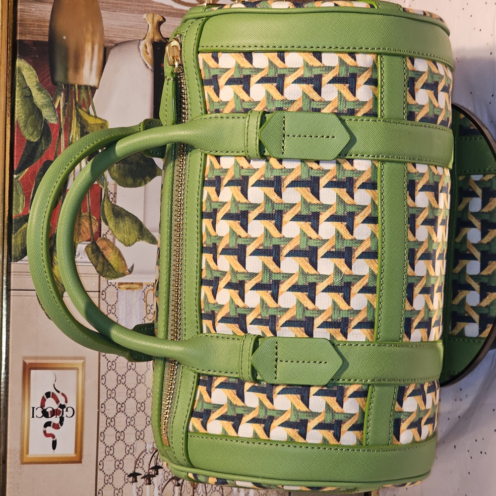 Tory Burch Riviera Green Wicker Print Leaf  Patterned Women's Satchel Bag - Picture 16 of 16